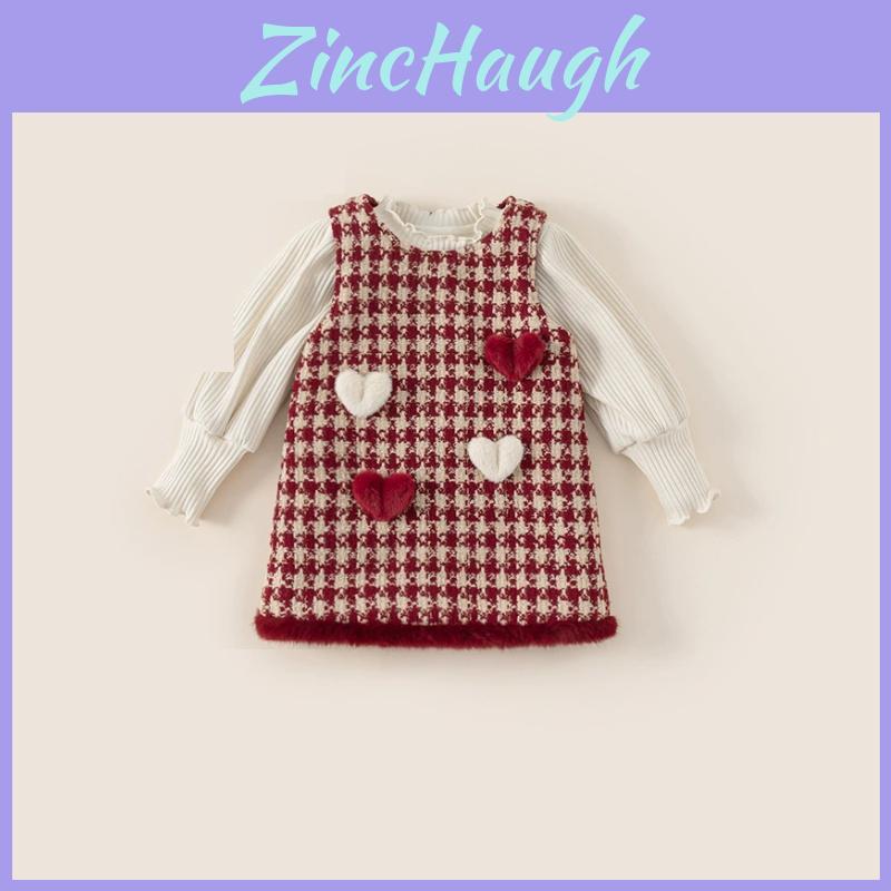 Heart Decor Red Houndstooth Thicken Vest Skirt Children Autumn Two Piece Set For Winter Holiday Celebrations
