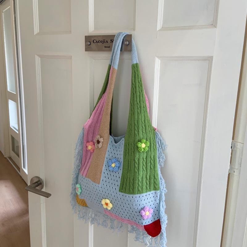 Yogodlns Forest Style Versatile Casual Shoulder Woven Bag Contrasting Colors New Simple Tote Bag Large Capacity Shopping Bag