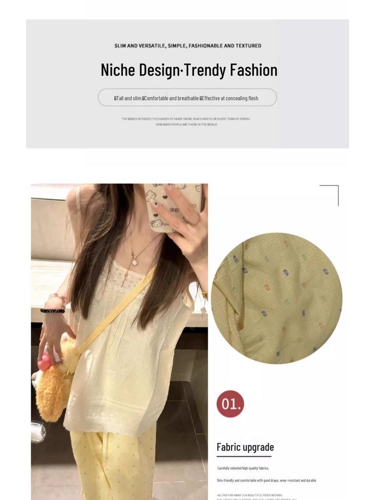 Women’s Summer High-Waist Dopamine Yellow Polka Dot Wide-Leg Pants | 145cm | Ice Silk | Petite Draping Style