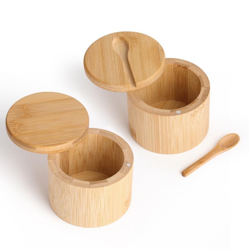 Bamboo Condiment Box Salt Seasoning Jars Pepper Jar Magnetic Rotating with Cover Sugar Container Holder Lid Function Multi Bowls