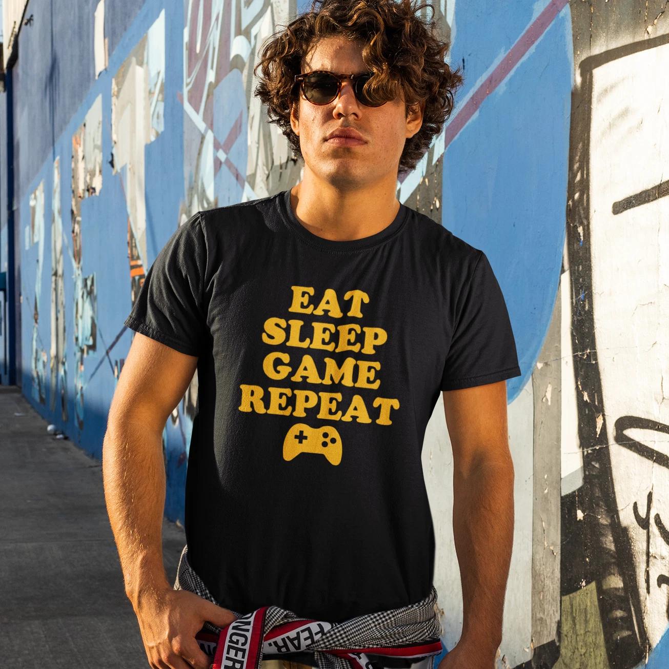 EAT SLEEP GAME REPEAT - T-Shirt (Nerd Geek PS Teen Gaming Gamer Online RPG FPS) L