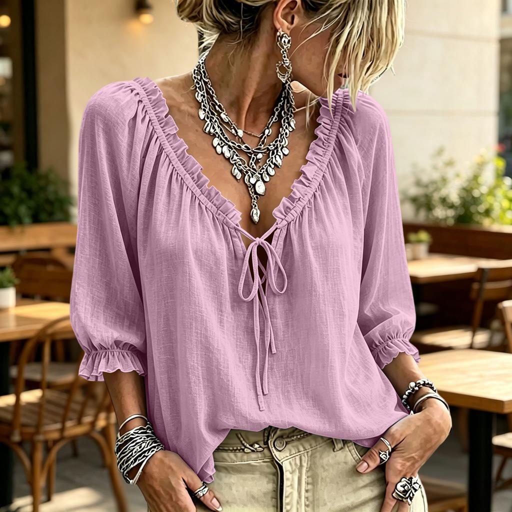 Damen Casual Farbige V-Ausschnitt Bluse mit Rüschenbesatz und Bindeband