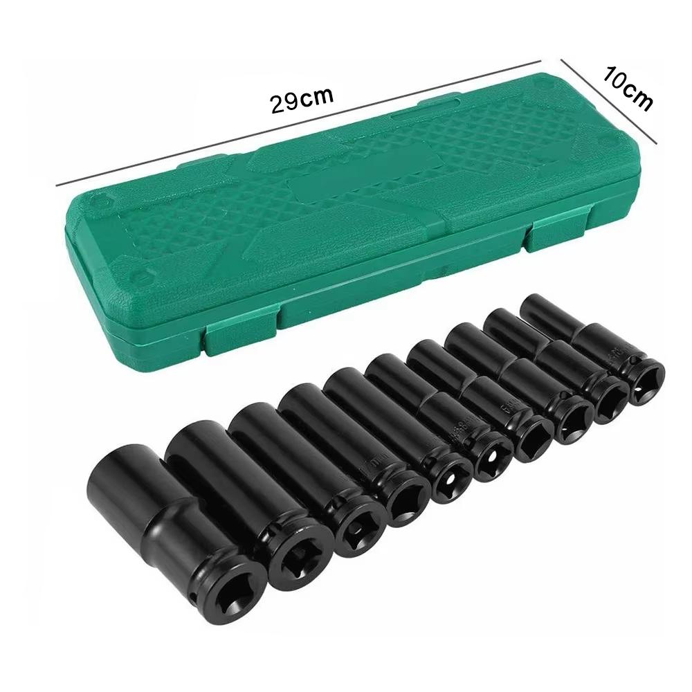 10pcs Impact Socket Set 1/2” Metric Spanner Deep Sockets 10-24mm Pneumatic Wrench Head Tire Removal Tools