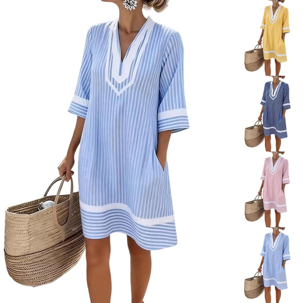 Womens V Neck Striped Loose Fit Pullover Dress with Half Sleeve and Sun Lightweight Beach Cover Up Tunic