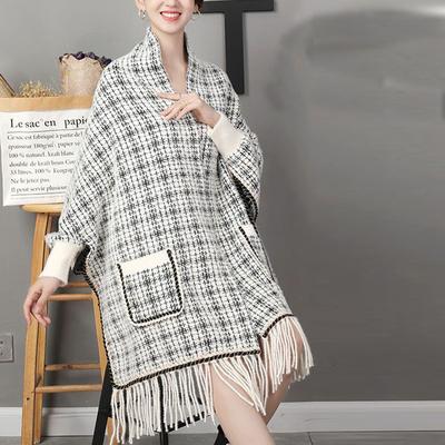 Shawl Women Casual Plaid Sweater Tassel Loose Fashionable Outerwear with Pockets Tassel Cape for Warmth