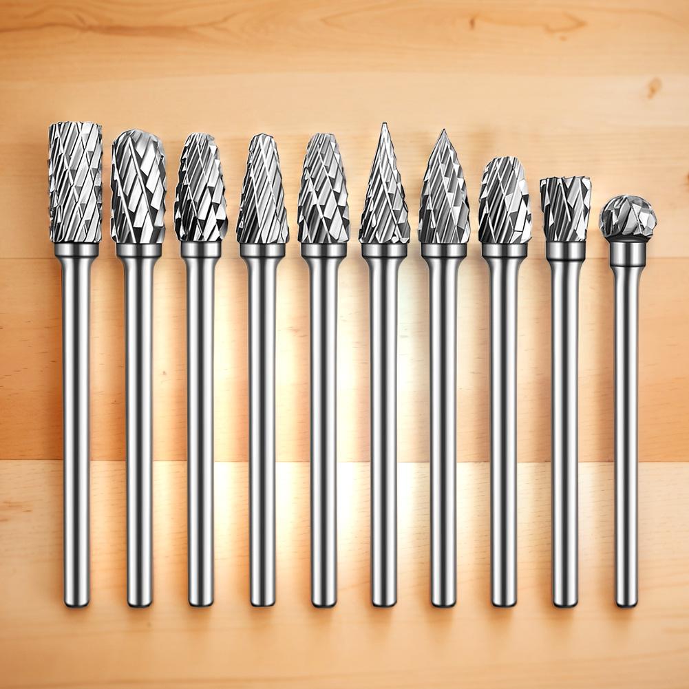 10Pcs Rotary File Rasp 1/8 Inch Shank Solid Tungsten Carbide Rotary Burr Set for Metal Welds Carving Cutting Engraving Porting