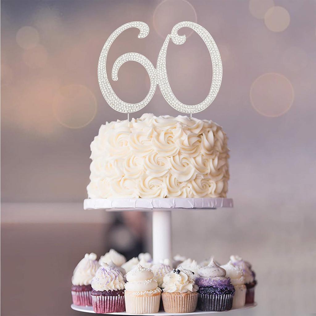 60 Sparkly Rhinestone Decoration Cake Topper - Premium Silver Metal - 60th Birthday or Anniversary Party Makes a Great Centerpie