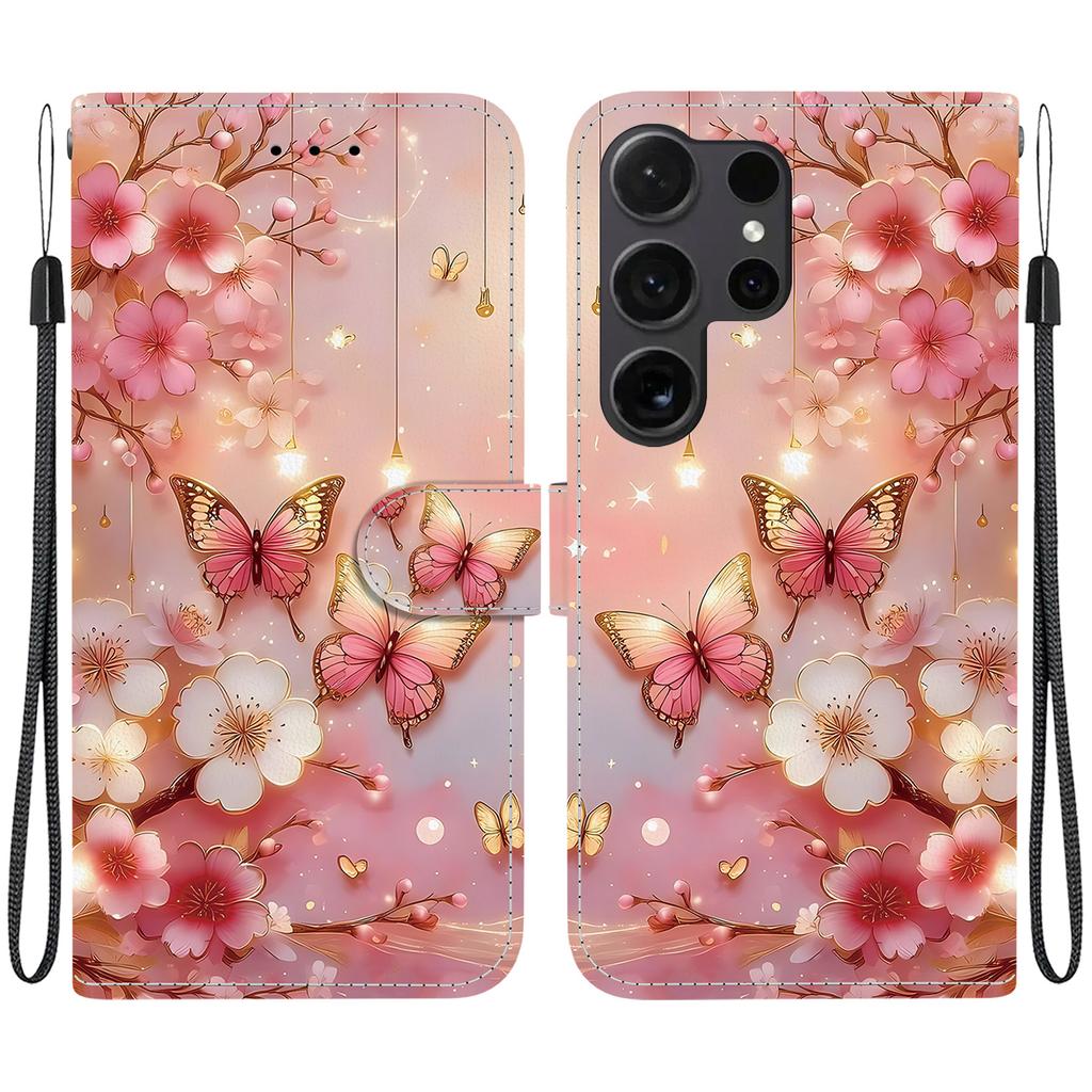 Handmade PU Leather Flip Case for Samsung Galaxy S22 Ultra (SM-S908B) Anti-Slip Shockproof Cover with Wrist Strap & Heart/Rose Cat Designs