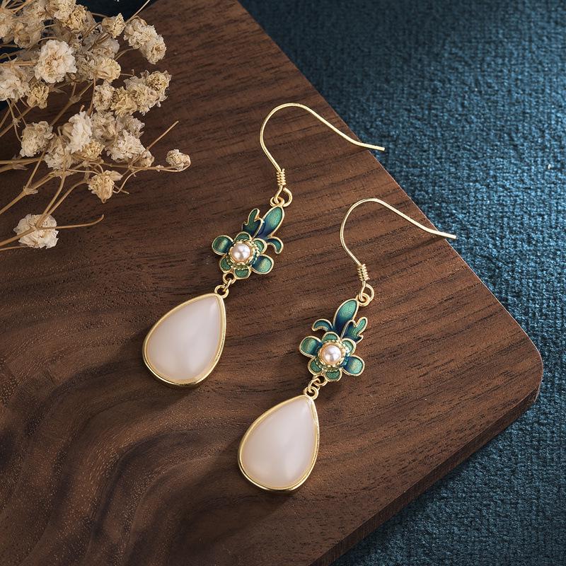 

Guochao Cloisonné Enamel & Hetian Jade Gold-Plated Retro Earrings