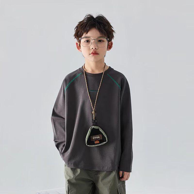 

Мальчиковая футболка с длинным рукавом: Стиль Весна и Осень 2025, Круглый вырез, Модный уличный топ для детей 130cm темно-серого