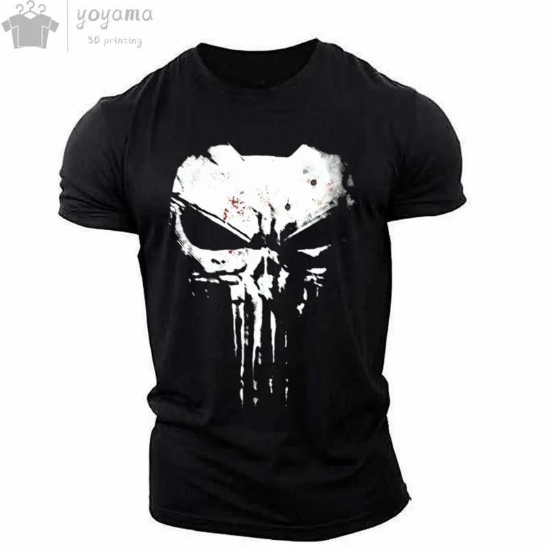 Men Sports Casual O-Neck T-Shirt, Military Patriotic Skull Print Oversized Short Sleeve Tops