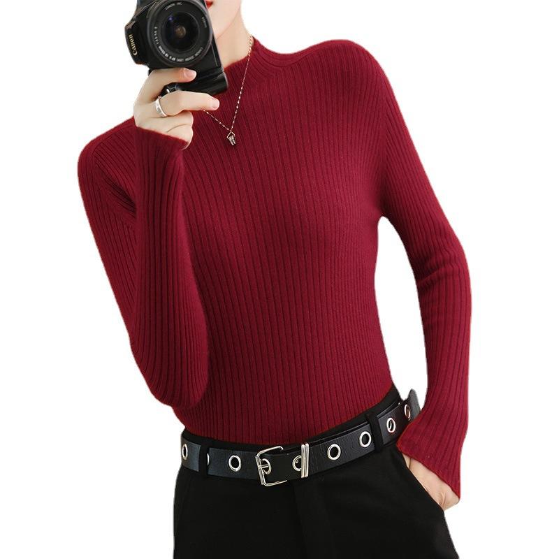 New Autumn and Winter Tight-fitting Slim Sweater Half Turtleneck Bottoming Shirt Women's Short Pullover Sweater Solid Color