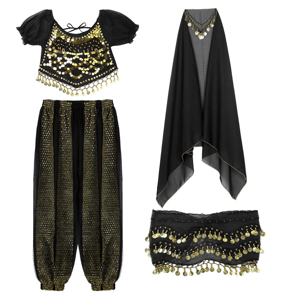 

Жіночий жіночий костюм для танцю живота, довгий топ, набір з 4 предметів, костюм для косплею на вечірку Хеллоуїн One Size чорний