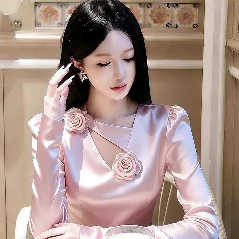 

Весна 2026 Новый Стиль Потрясающе Красивый Розовый Атласный Топ с Цветочным Принтом, Роскошный Дизайн и Приталенная Рубашка для Женщин Pink Floral Satin Top S