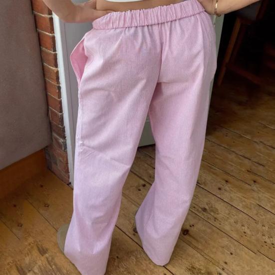Women Casual Long Pants Elastic Waist Mid-rise Trousers Solid Color Wide Leg Loose Fit Pants