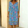 Rochie casual de damă la modă, cu imprimeu colorat, gât rotund, mânecă 3/4, guler cu nasturi, lungime medie