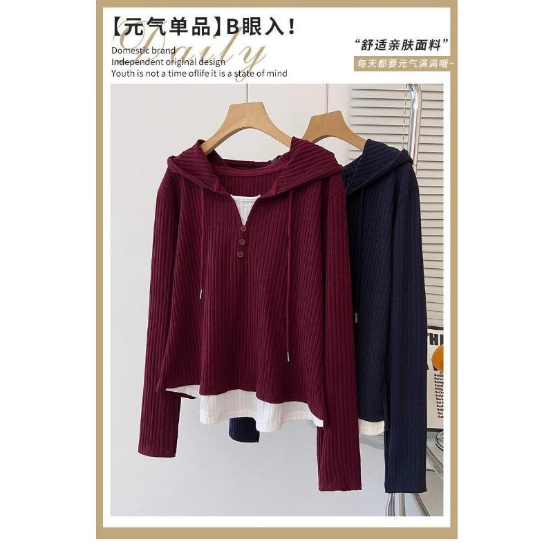 Women S Plus Size Hooded Long Sleeve Fake Two Piece T Shirt Loose Casual Top