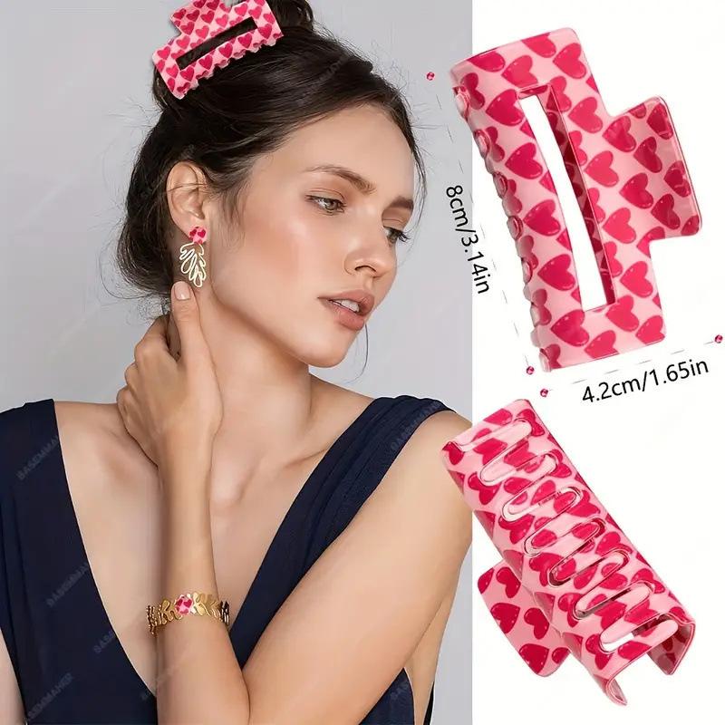 Pink Heart-shaped Printed Rectangular Gripping Clip Non-slip Hair Clip Sweet Ponytail Clip Hair Valentine's Day Party Shark Clip