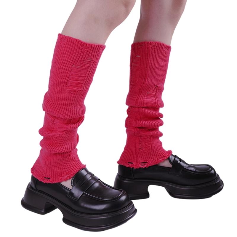 Japanese Punk Leg Warmers Women Solid Color Ribbed Knit Long Socks Y2K Distressed Ripped Boot Cuffs Leg Cover Streetwear
