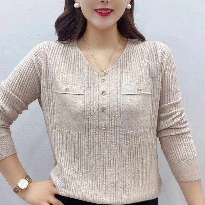 Women's Autumn Sweater Long Sleeve Knit V-Neck Pullover Loose Thin Sweater Top