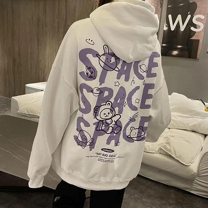 Fleece bear graffiti hooded sweater men and women ins trendy brand summer loose oversize couple soft girl