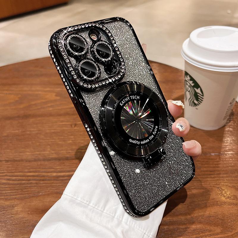 Applicable To Apple 16promax Mobile Phone Case New IPhone 15PM Magnetic Bracket 12 Rhinestone Edge 13 Flash Powder 11