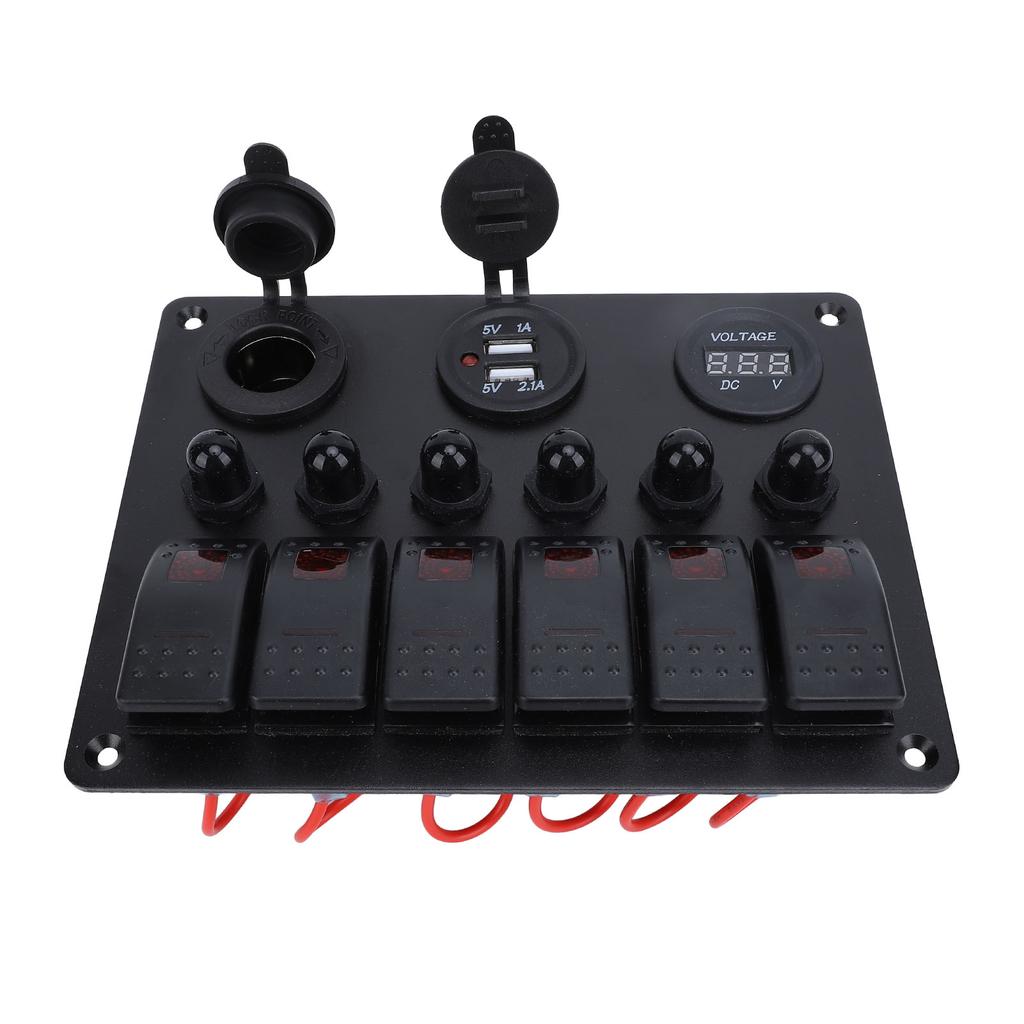 DC 12‑24V 6 Gang Rocker Switch Panel Overload Protection Dual USB Charger with Digital Voltmeter Display for Boats