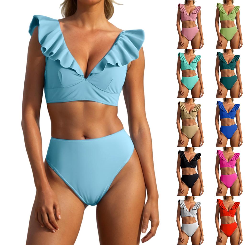 Women's Ruffled V-Neck Bikini Set High Waist Two-Piece Swimsuit with Shoulder Straps, , Sizes S-XL