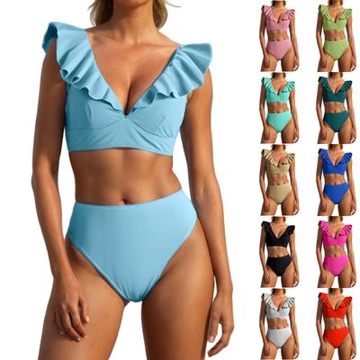 Women's Split Fashion Sexy Ruffles V-Neck High Waisted With Chest Padded Non-Steel Bra Swimsuit