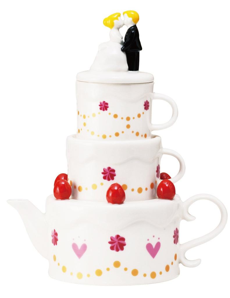 Sun Art Teapot Cups Set for SAN2004 Brown "Happy Wedding" Cake-Shaped & (Tea 2)