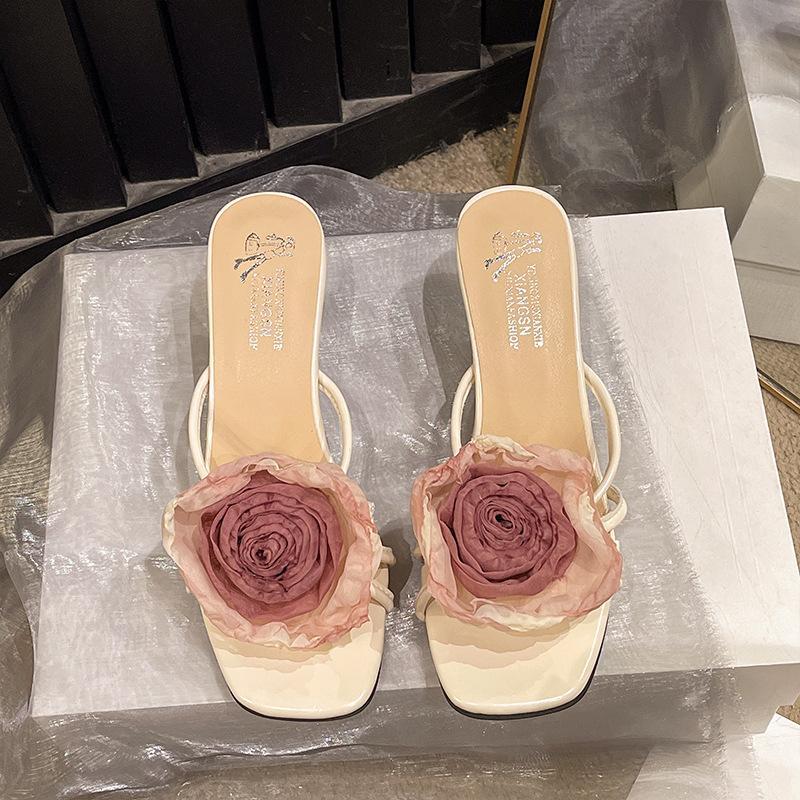 Women's shoes new Chinese cheongsam high heels retro temperament beige rose slippers women's summer new