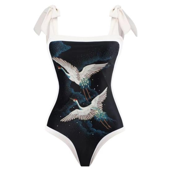 2Pcs/Set Women Printing Monokini with Skirt Sling Bandeau One-Piece Hot Spring Swimsuit with Beach Cover Up
