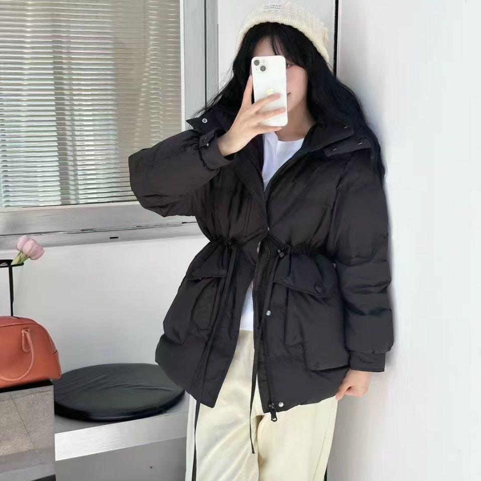 

2025 Пальто середньої довжини приталеного силуету в корейському стилі з капюшоном на качиному пуху - Зимовий потовщений, з поясом на талії, Модний, Вітрозахисний верхній одяг Medium чорний