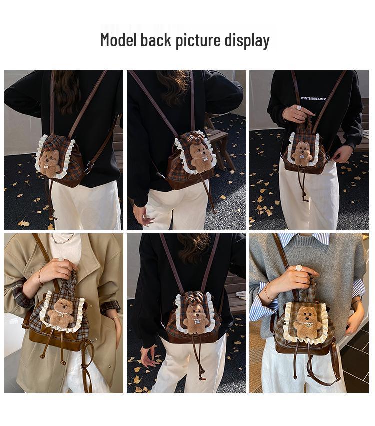 2025 Autumn/Winter Cute Bear Plaid Mini Backpack for Women