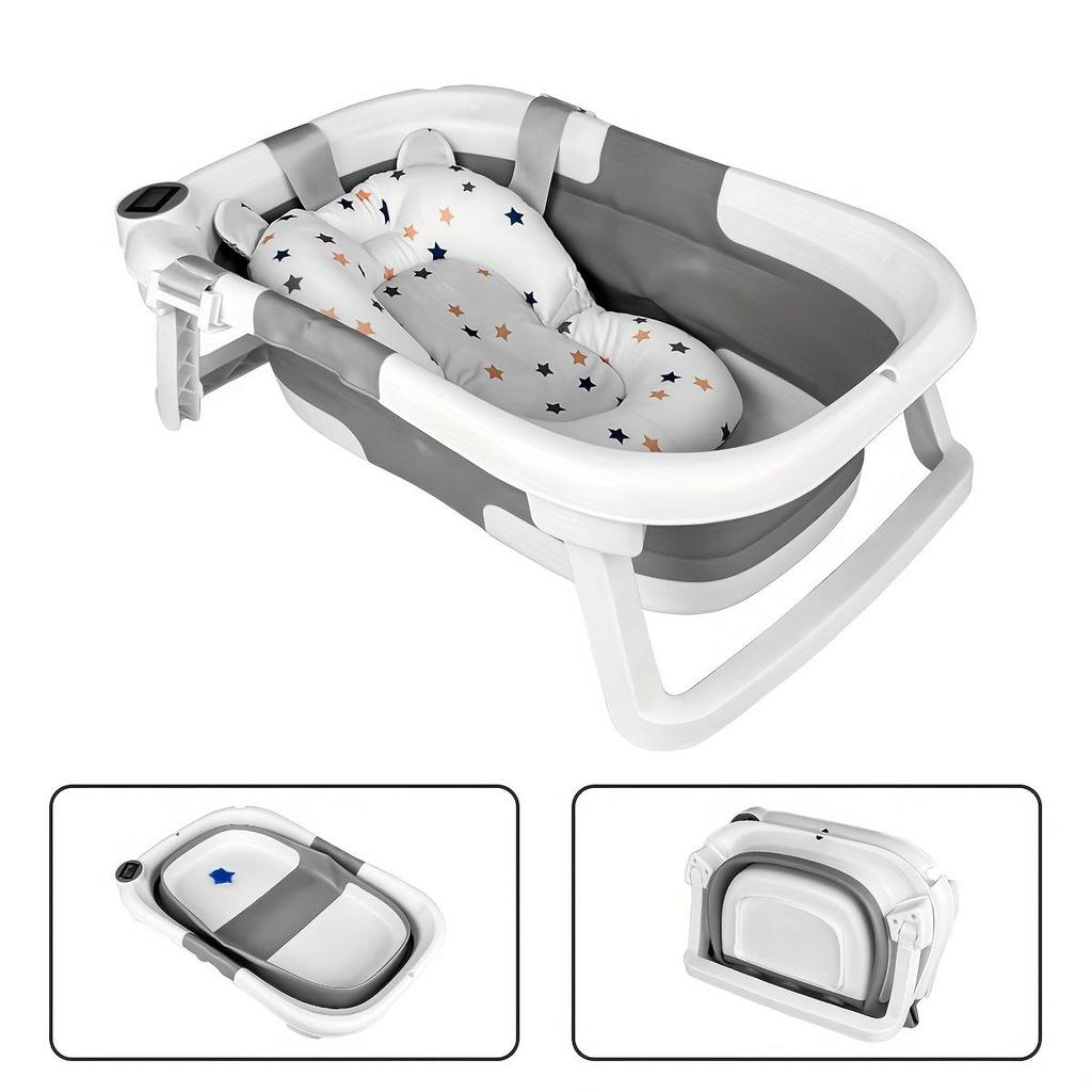 Foldable Baby Bathtub with Thermometer,Portable Travel Newborn Bathtub,with Soft Pad and Thermometer,Drainage Hole,Durable Foldable Youngsters Bathtub
