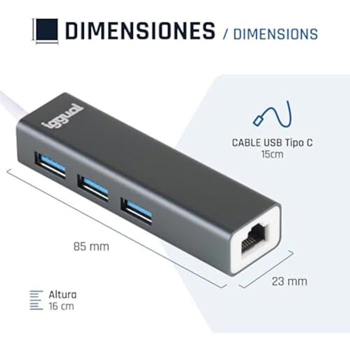 Hub USB - IGGUAL - 3 ports USB 3.0 + 1 port RJ45 Gigabit - 5 Gbit/s - 1000 Mbps - 4 ports