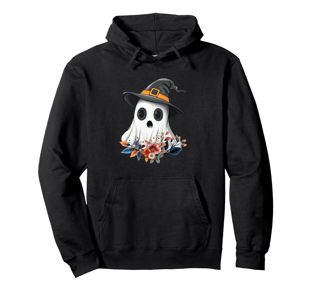 White Ghost Halloween Bohemian Flowers and Witch Hat Hoodie