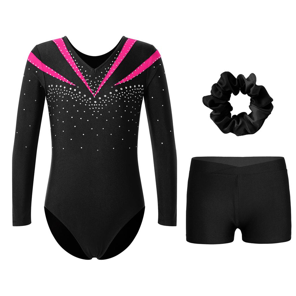 Girls Long Sleeve V Neck Rhinestones Contrast Color Leotard Waistband Shorts Hairband Dance Set
