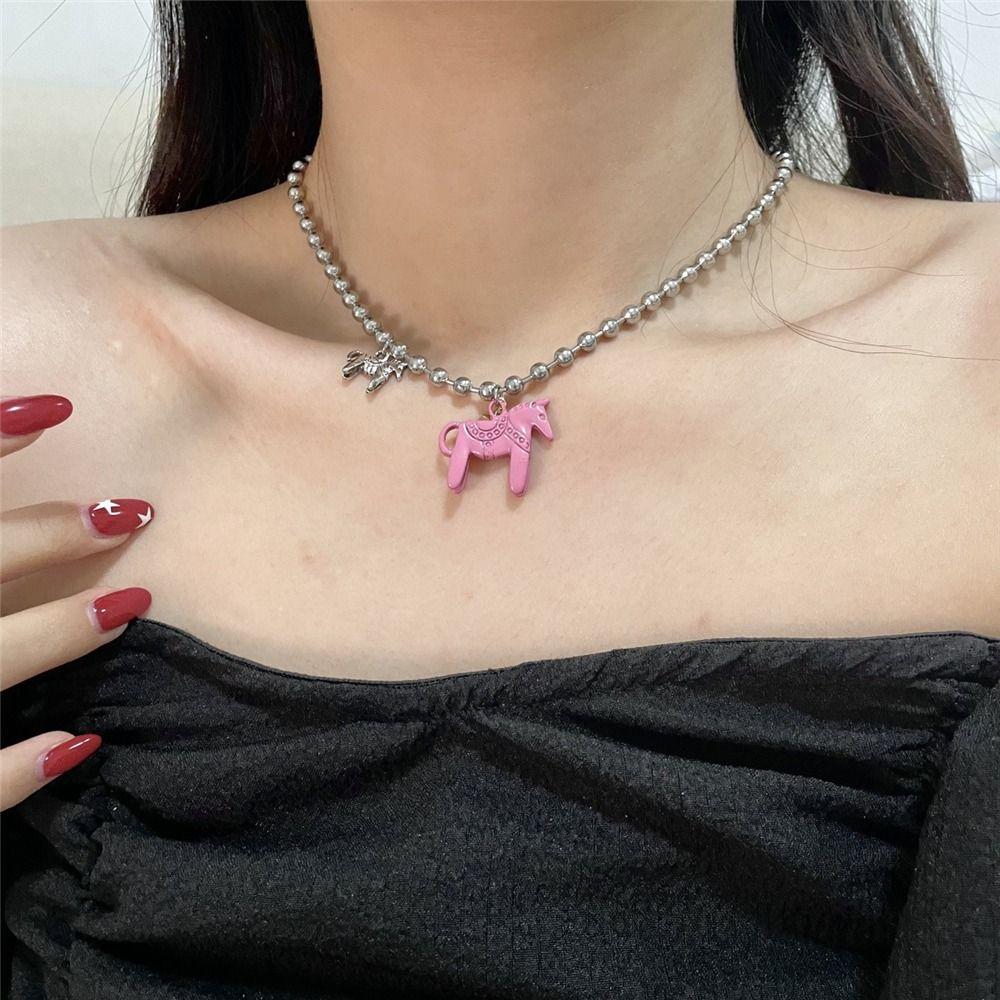 Alloy Horse Pendant Necklace Silver Plated Enamel Pendant Necklace Beads Neck Chain  for Women