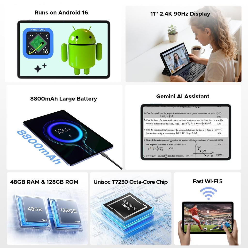 Tableta AP11 Pro Android 16, 11 inch, 48GB+128GB, 2.4K 90Hz, Octa-Core, 8800mAh, 5G WIFI, Căști, Tabletă cu Tastatură, Stilou, Mouse