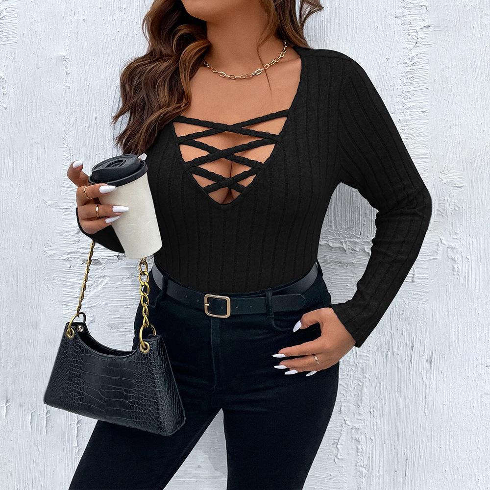 Large size women's V-neck hollowed-out sexy T-shirt spring and summer slim-fitting and thin inner long-sleeved solid-color top