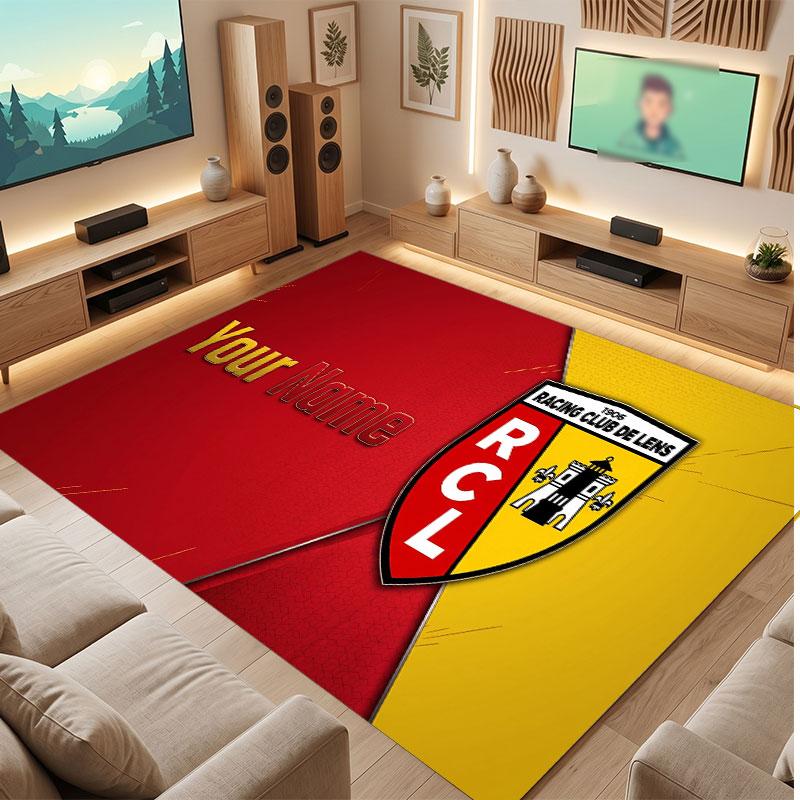 Racing Club de Lens Benutzerdefinierter Kristall-Samtteppich, Personalisierter Namens-Textdruck, Fußball-Logo Weiche Rutschfeste Fußmatte Heimdekoration Geschenk