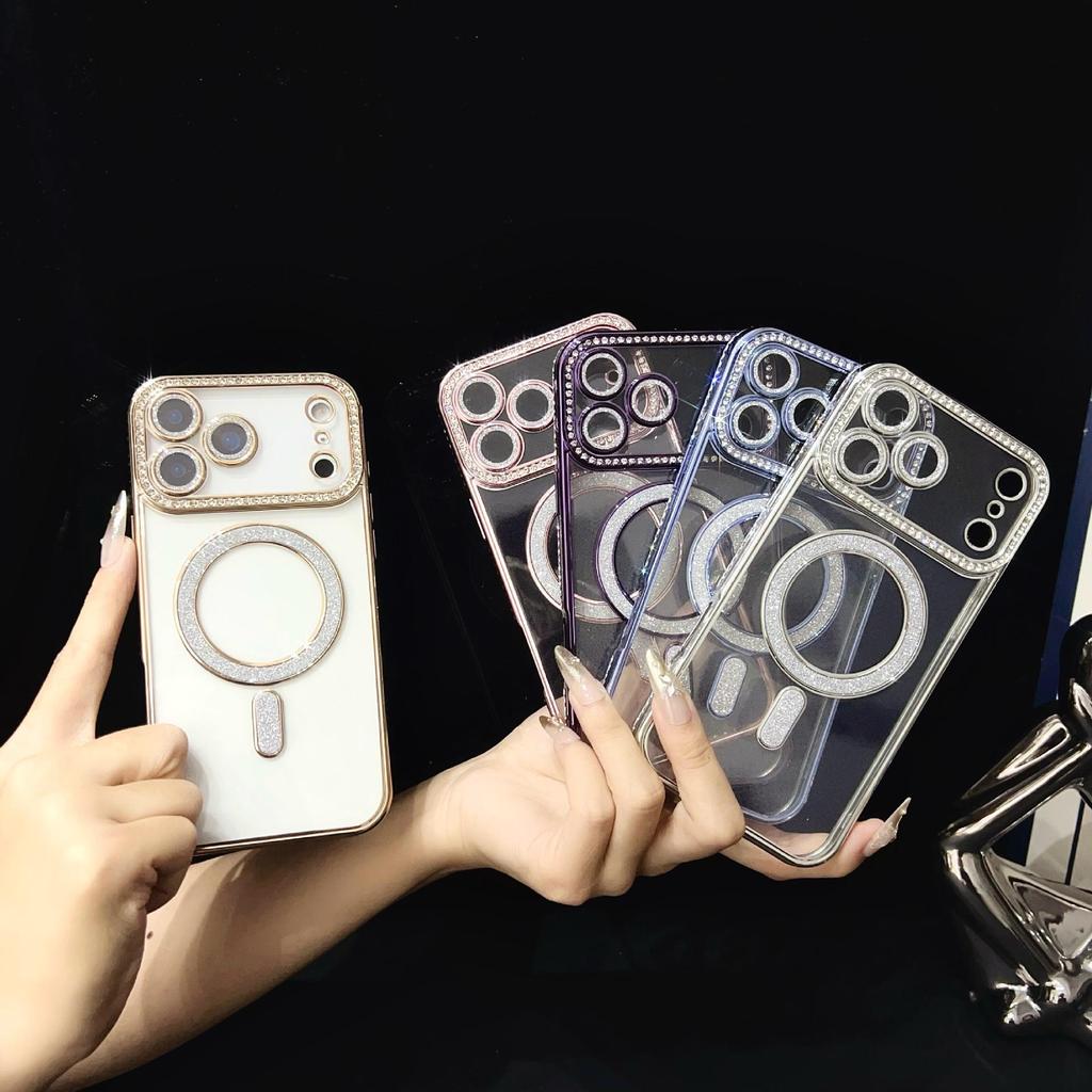 Sparkle Magnetic Wireless Charging Phone Case for iPhone 16 Pro Max/15, Women's Transparent, Soft Cover.