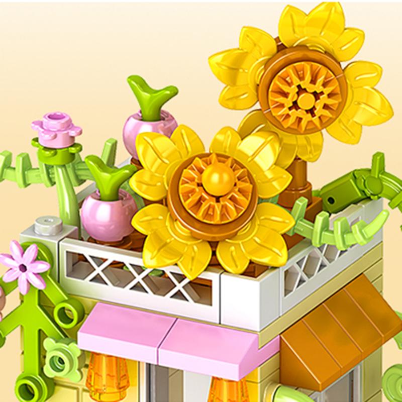 Stadt Bausteine Blumenladen Sonnenblumenladen Hausmodell Set Desktop Deko Kinder DIY Spielzeug Weihnachts- Geburtstagsgeschenk