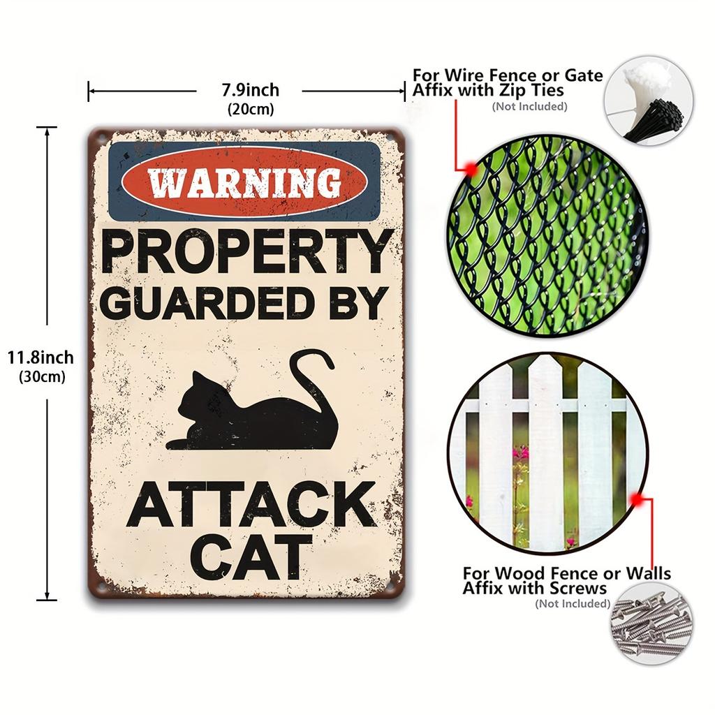 Attacking Cat Warning Sign - Vintage Aluminum Yard Sign for Outdoor Wall Decor - Multipurpose Wall Mounted Metal Plaque