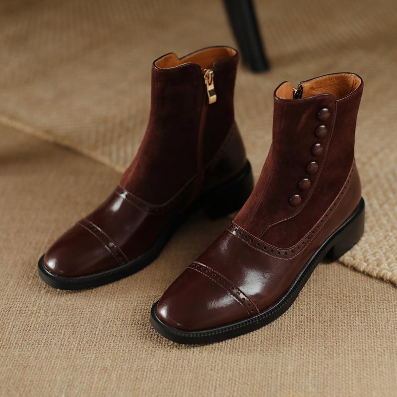 Fashion Hot Square Toe Women Boots Winter Rivet Buckle ZIP Brogues Retro Short Boots Thick Heel Ankle Boots Fashion Flock Women Shoes