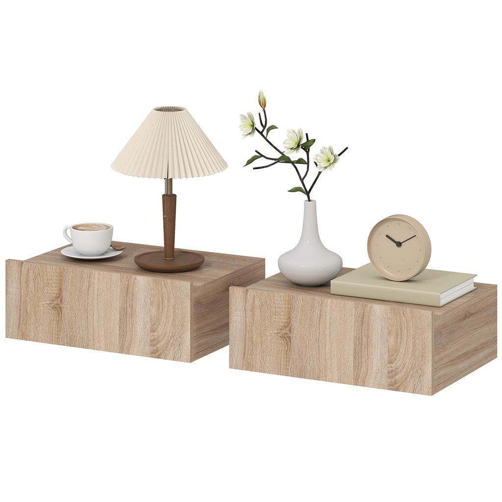 Set of 2 Wall-Mounted Nightstands, Sliding Drawer, 40x30x15 cm, Oak