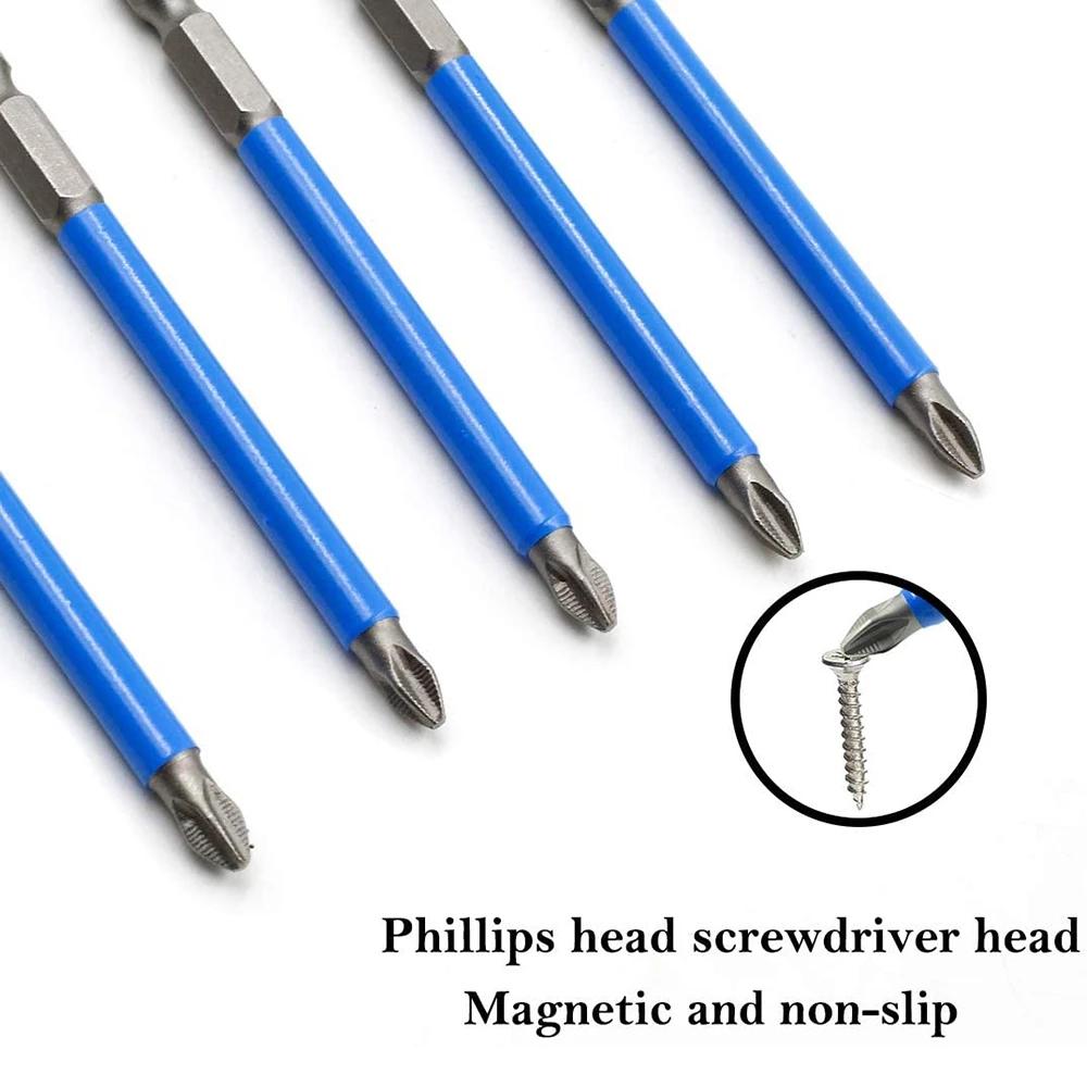 7Pcs Magnetic Anti-Slip Screwdriver Drill Bit Set - PH2 Phillips Bits 25mm-150mm for Hand Tools