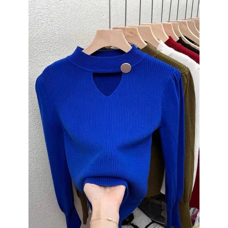 

Весна и осень женская трикотажная нижняя рубашка с полым v-образным вырезом и длинными рукавами, сексуальный однотонный низ, универсальный трикотаж, внутренние топы One Size синий