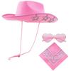 Fluffy Trim Bandana Heart-Shaped Glasses Pink Halloween Costume Accessories Set Cowboy Hat  Women